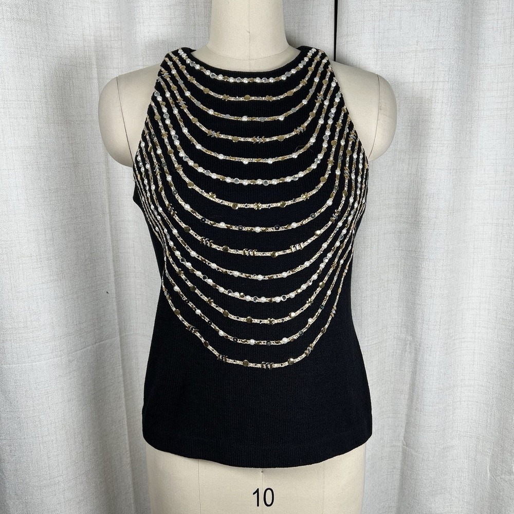 Vintage ST. JOHN EVENING Knit Sleeveless Top 8 Black Gold Jewel‎ Embellished USA